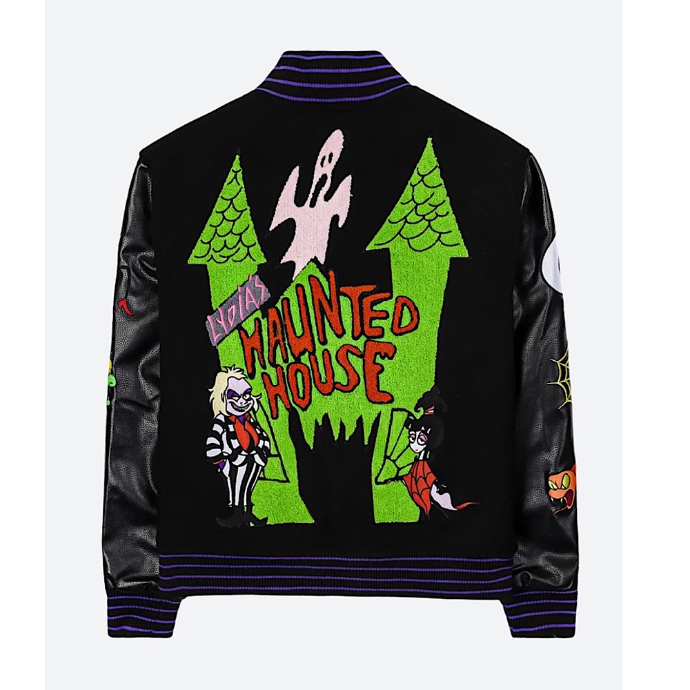 Beetlejuice Halloween Horror Haunted House Mens Varsity Embroidered Patch Jacket - Picture 5 of 11
